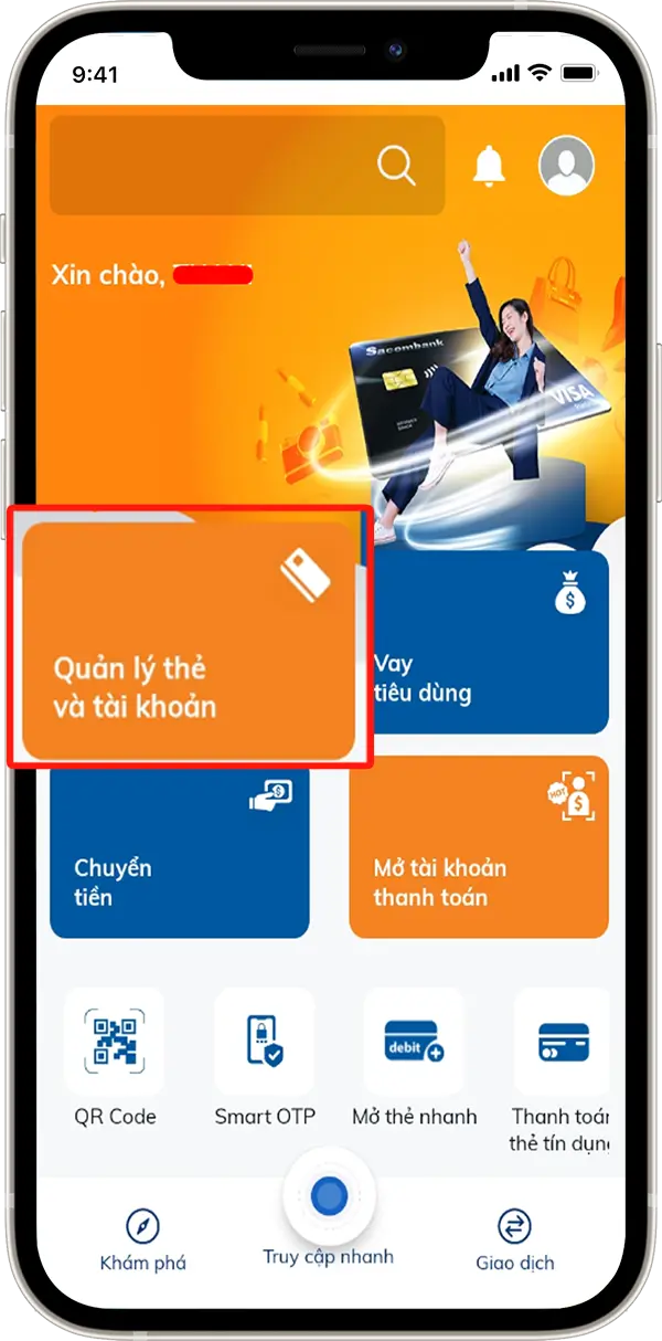 Bước 1 : Tại trang chủ =>> Chọn mục Quản Lý Thẻ và Tài Khoản